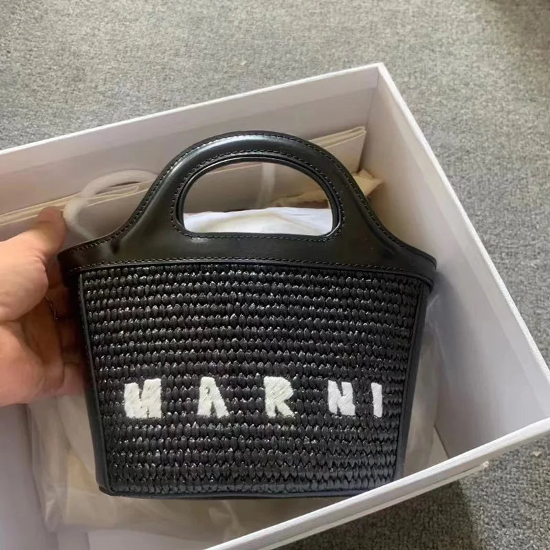 Denim Leather Tote Bag with Embroidery and Detachable Strap