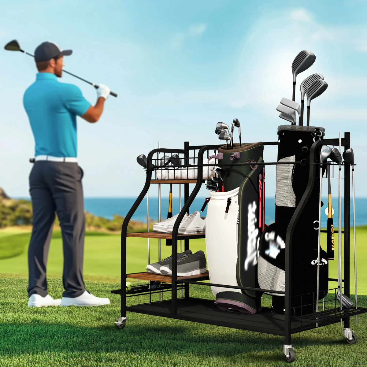 Rolling Golf Bag Storage Rack With Wheels And Equipment Shelves