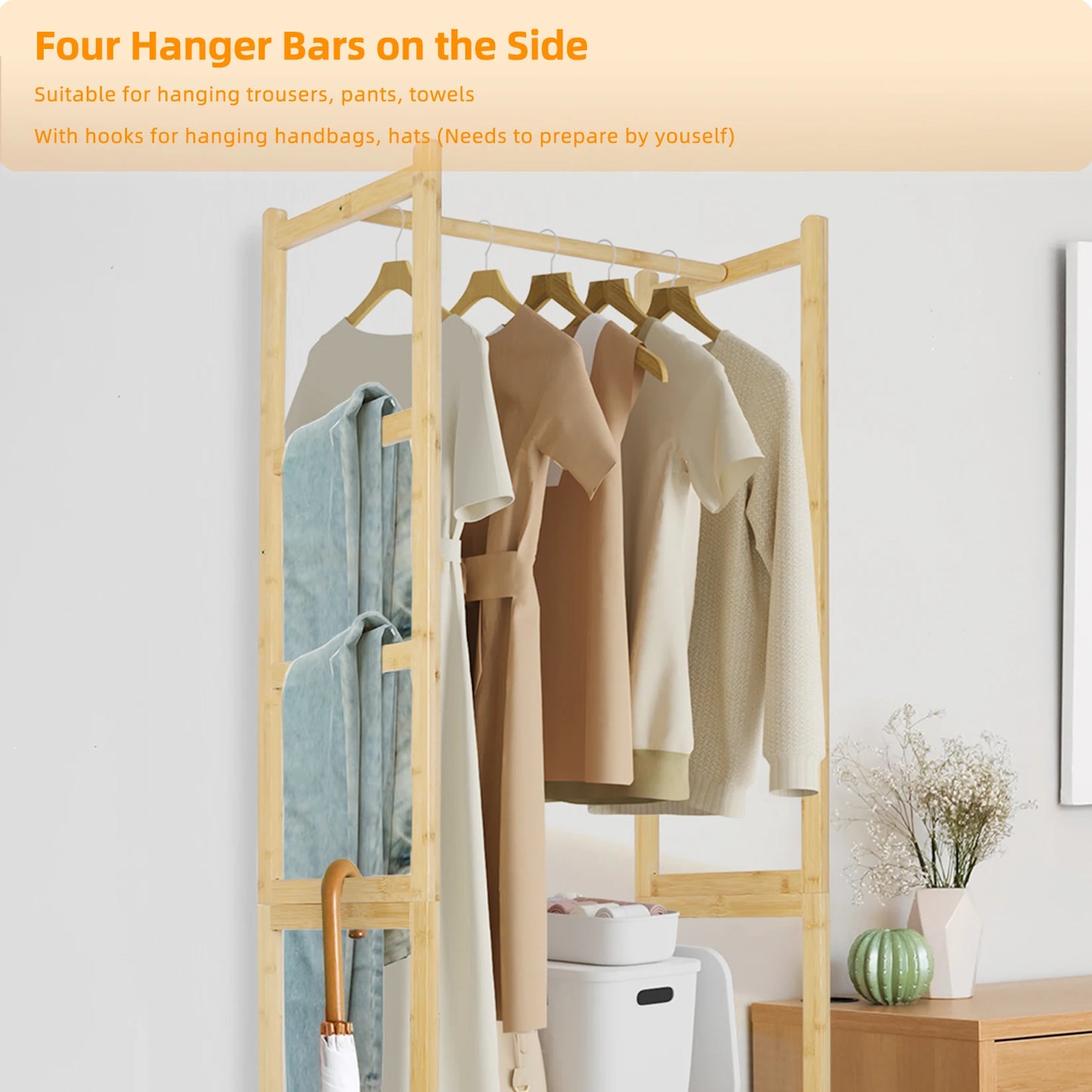 Bamboo Garment Rack With Hanging Rod And Shoe Shelves