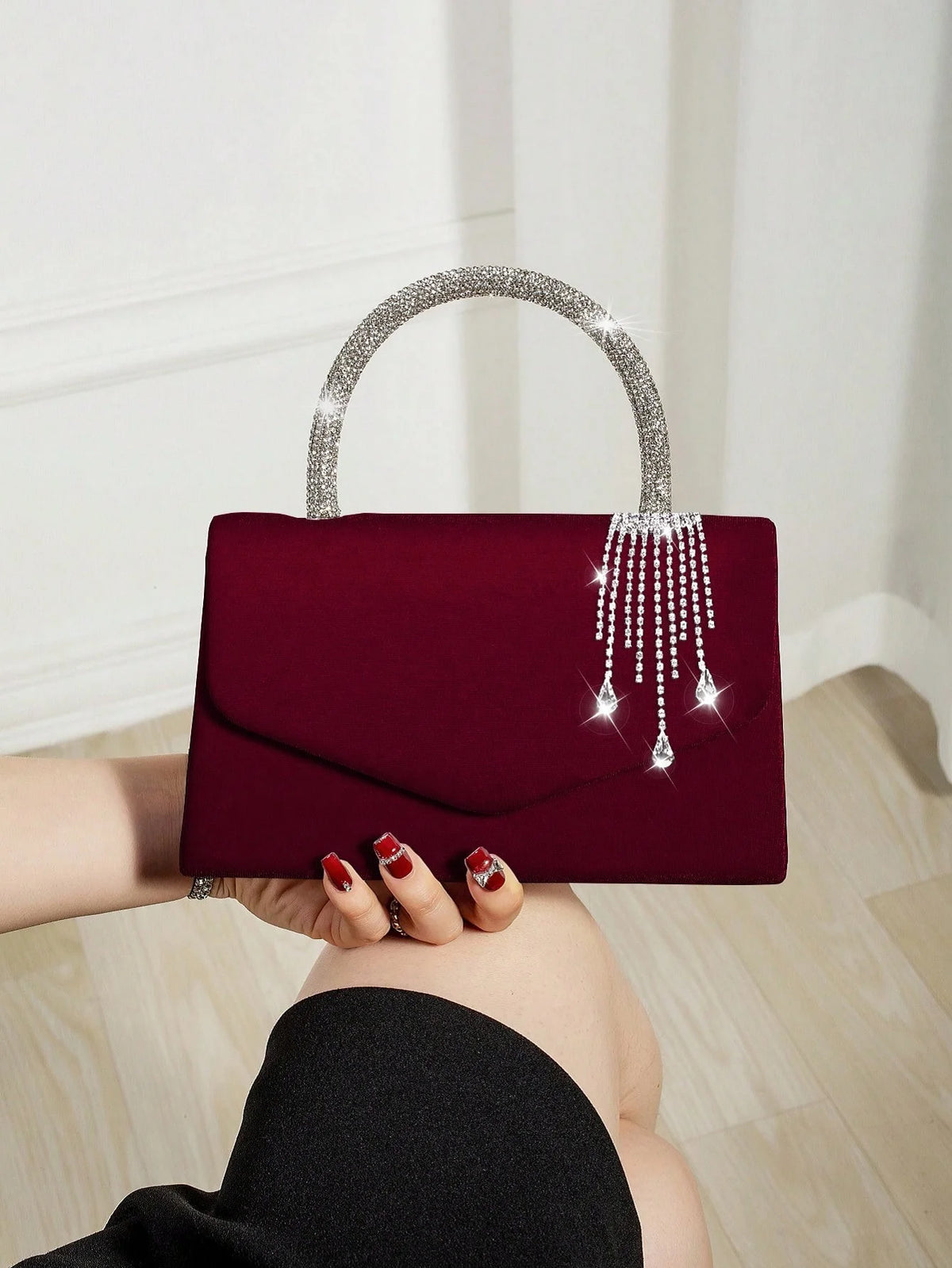 Women Velvet Envelope Clutch Featuring Rhinestone Chain Accent