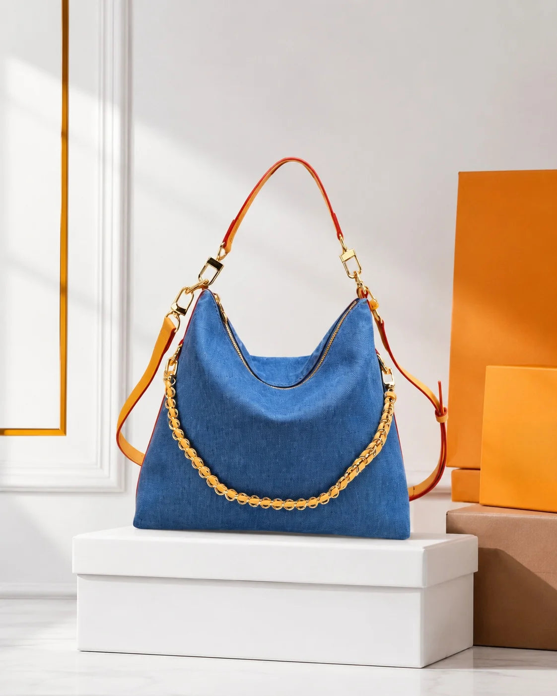 Canvas Hobo Handbag With Contrast Design And Large Capacity