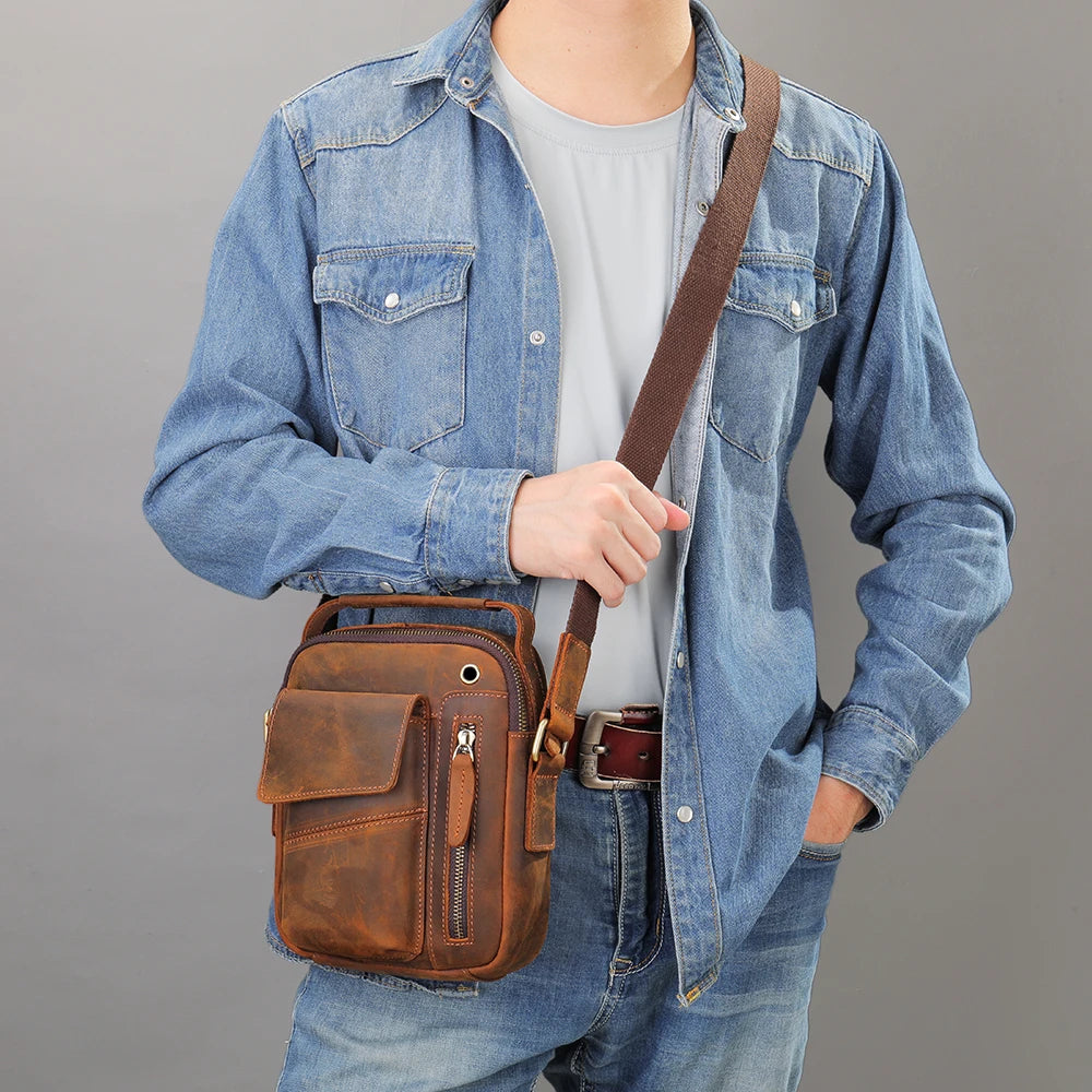 Westal Crazy Horse Leather Crossbody Bag for Men USB Charging