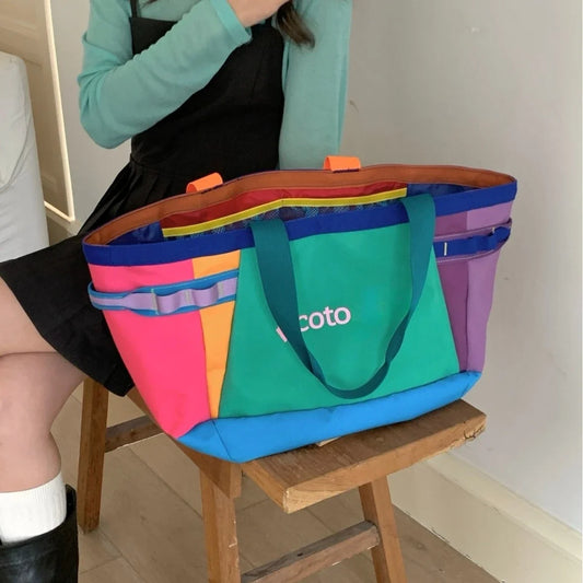 Patchwork Nylon Tote Bag Lightweight With Large Capacity And Pockets