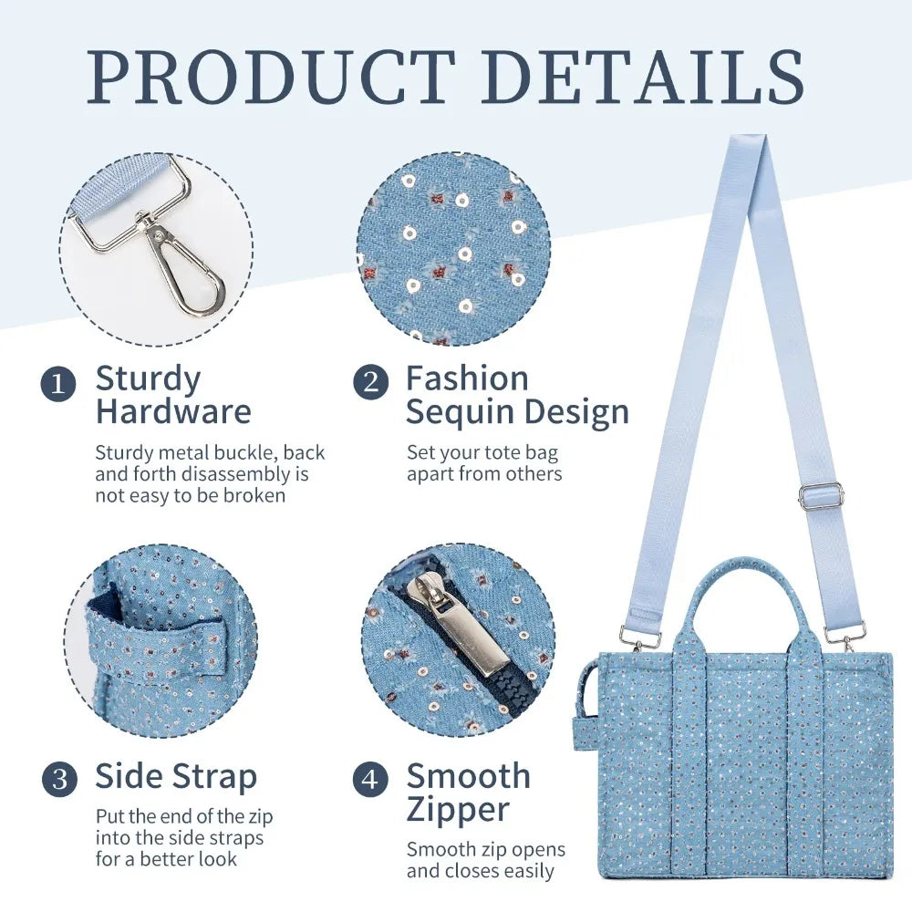 Sequined Canvas Crossbody Tote Bag With Secure Zipper