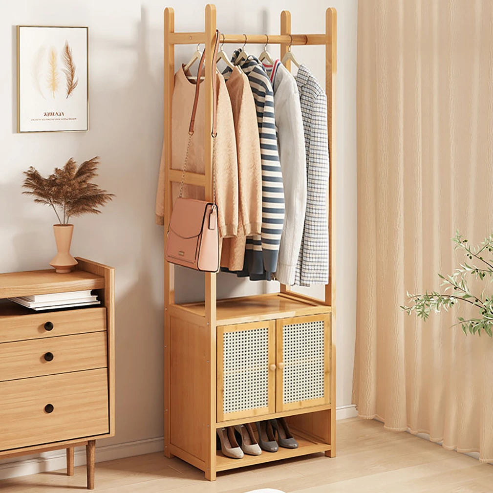 Bamboo Garment Rack With Hanging Rod And Shoe Shelves