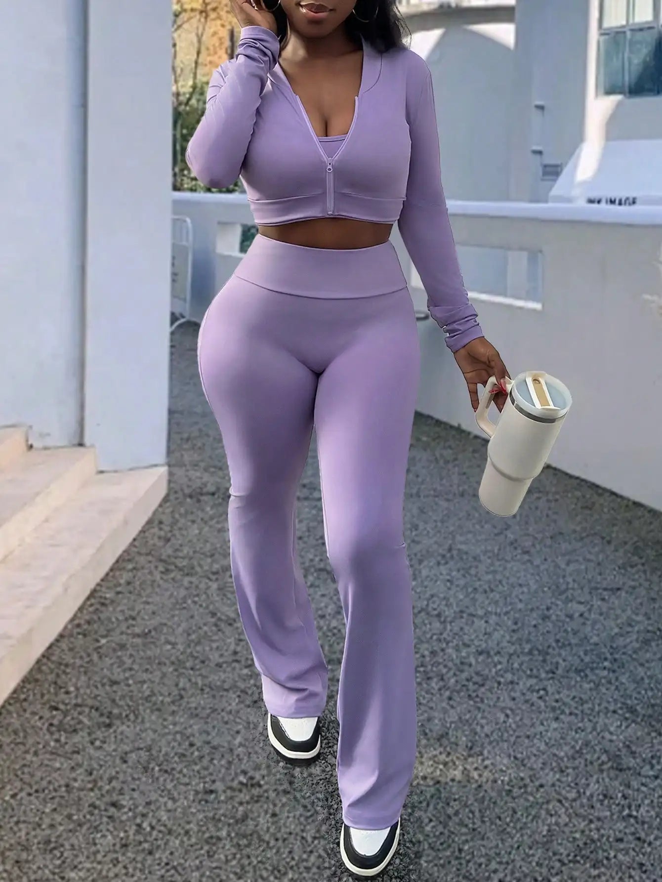 Sporty Women Three Piece Summer Set Top And Flared Pants