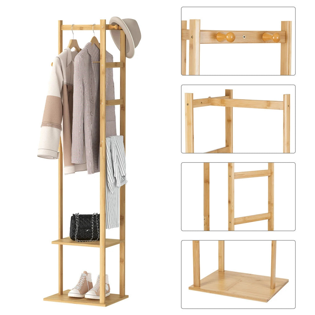 Bamboo Garment Coat Rack With Wooden Hanger Holder Shelf
