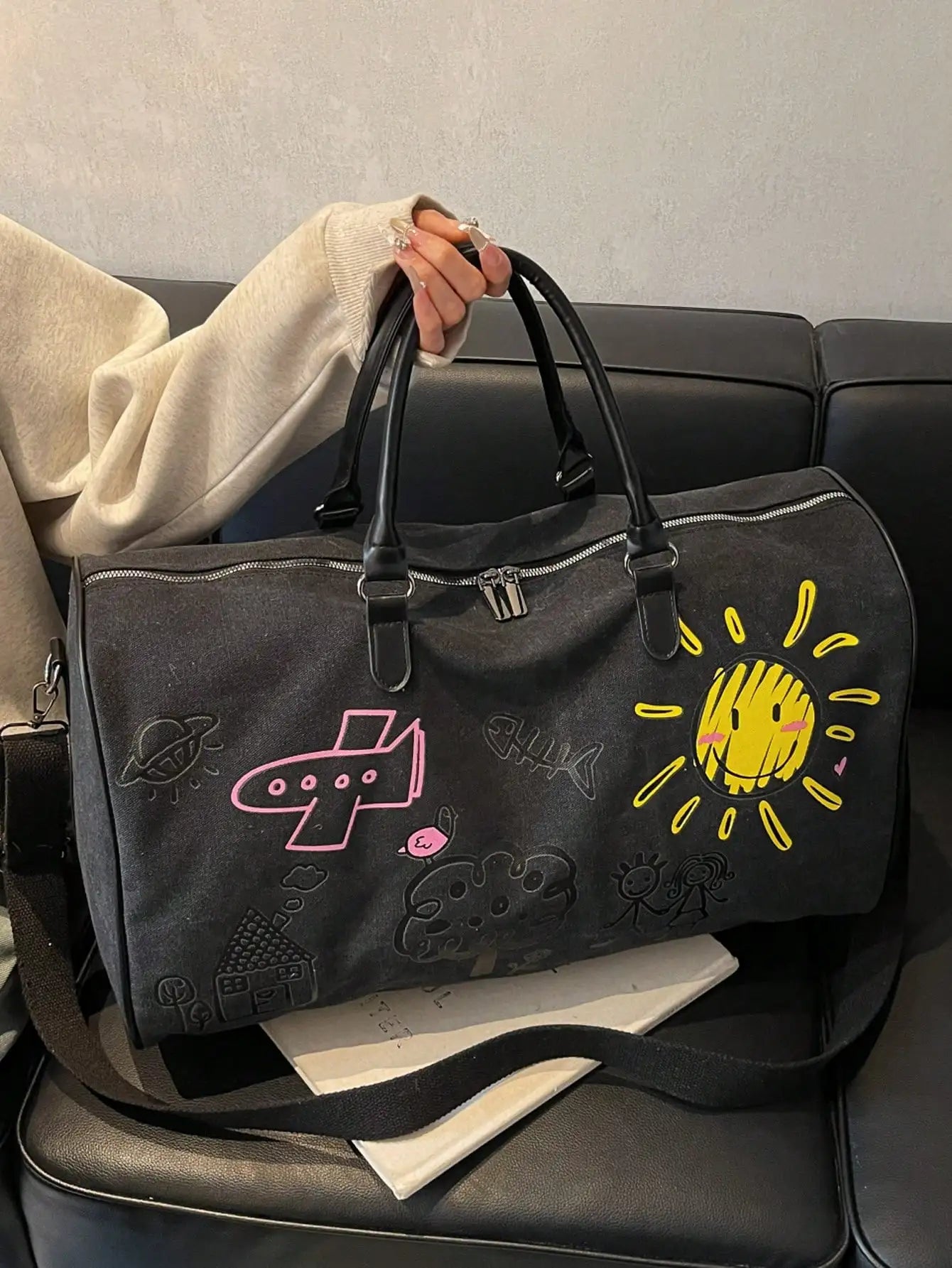 Cartoon Graffiti Travel Backpack With Zipper Shoulder Crossbody