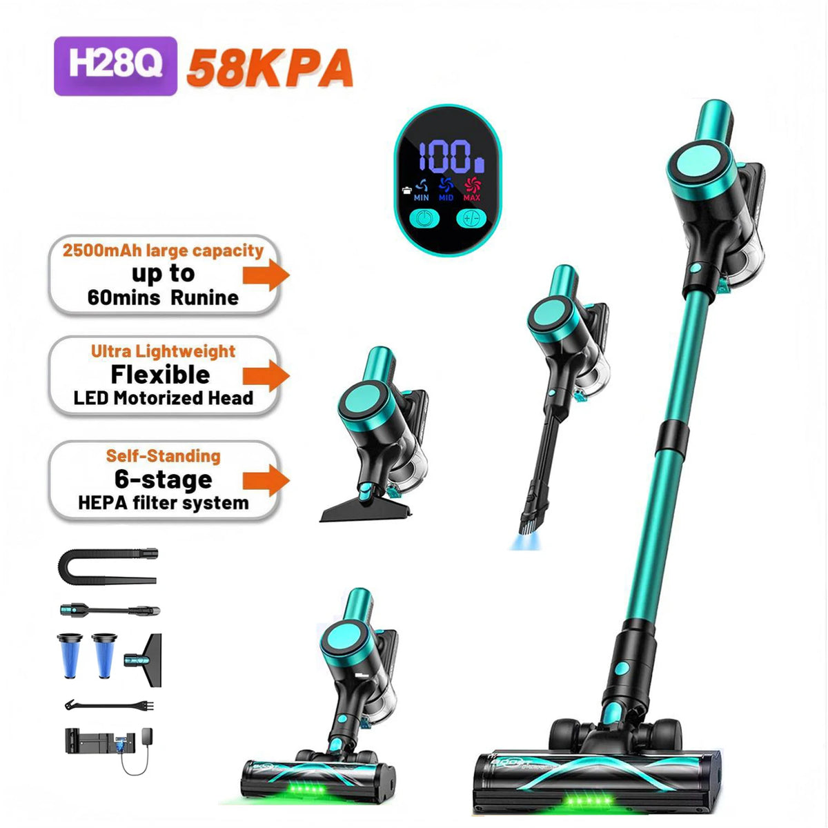 SUXIANGVAC Cordless Vacuum Cleaner With LED Brush For Pet Hair