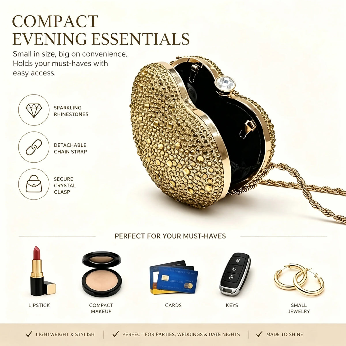 Elegant Rhinestone Heart Crossbody Clutch Bag For Women