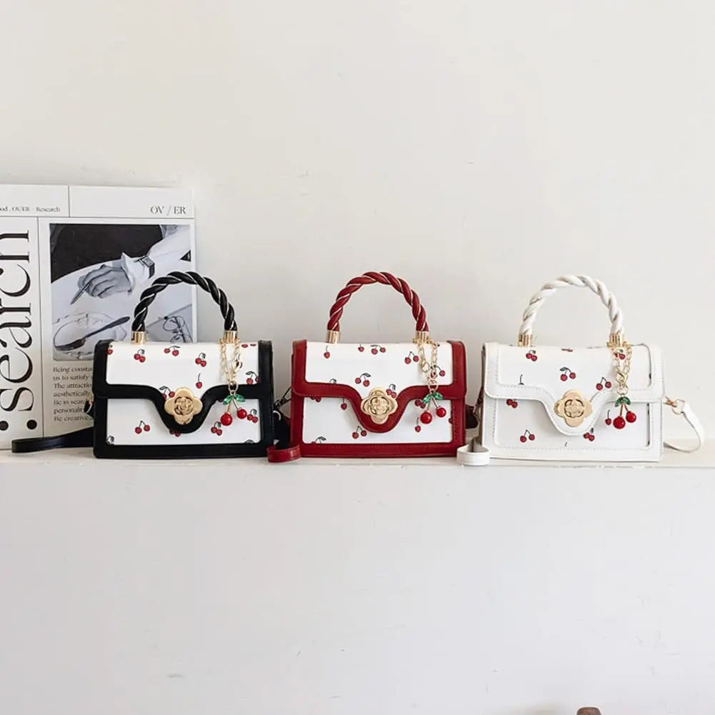 Cherry Print Crossbody Bag PU Leather Satchel With Removable Strap