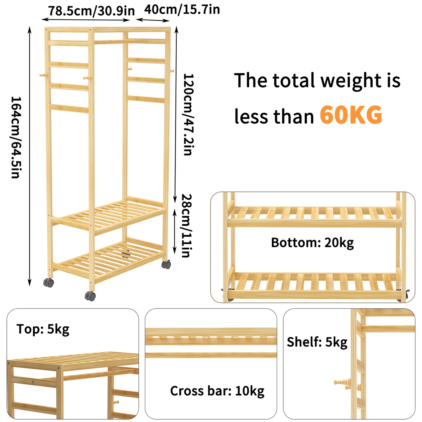 Heavy Duty Wooden Clothes Rack With Side Hooks Wardrobe
