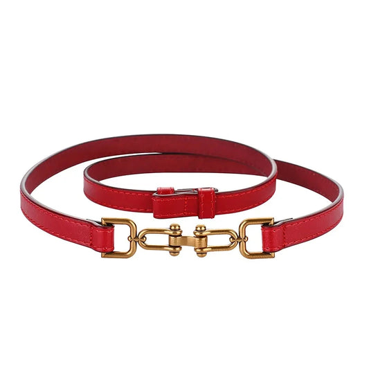 Womens Adjustable Thin Leather Belt With Decorative Buckle