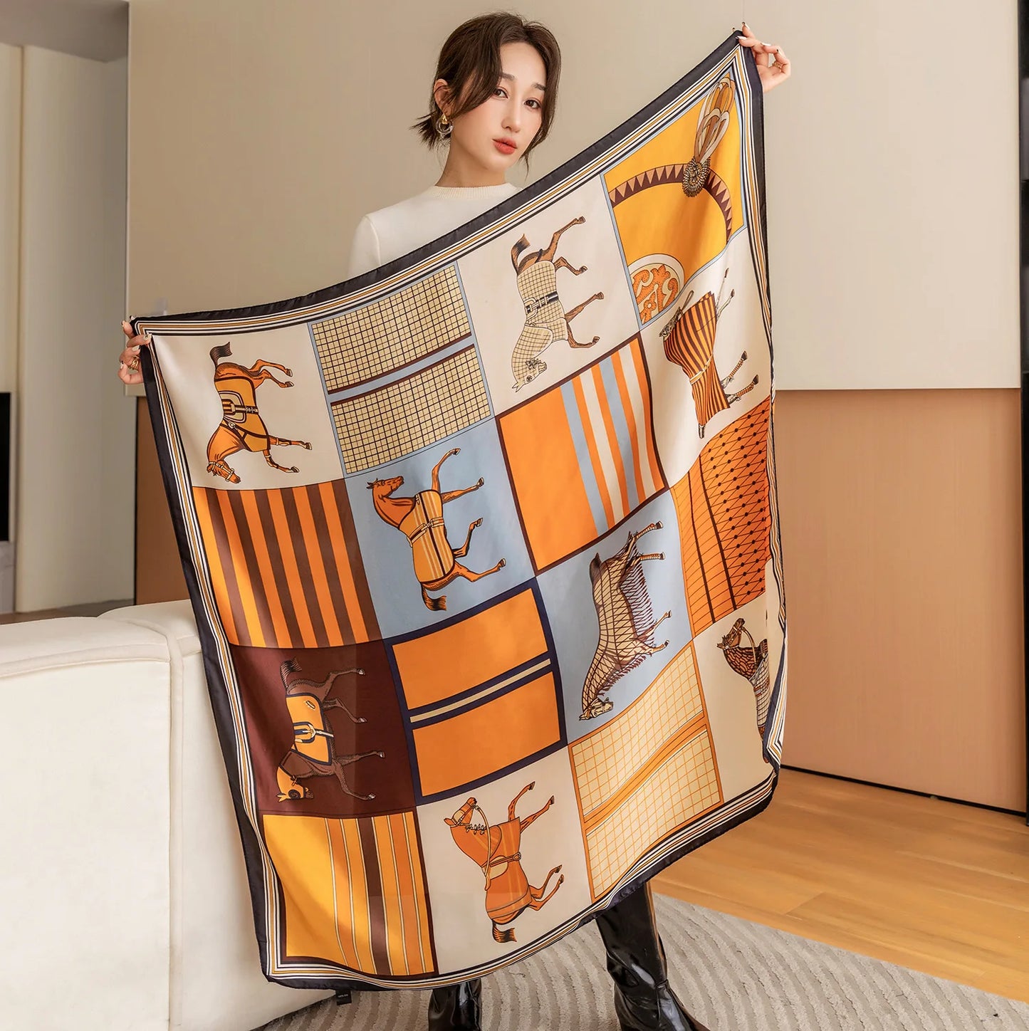 HYKMAIYW Luxury Horse Print Square Scarf Imitation Silk Shawl