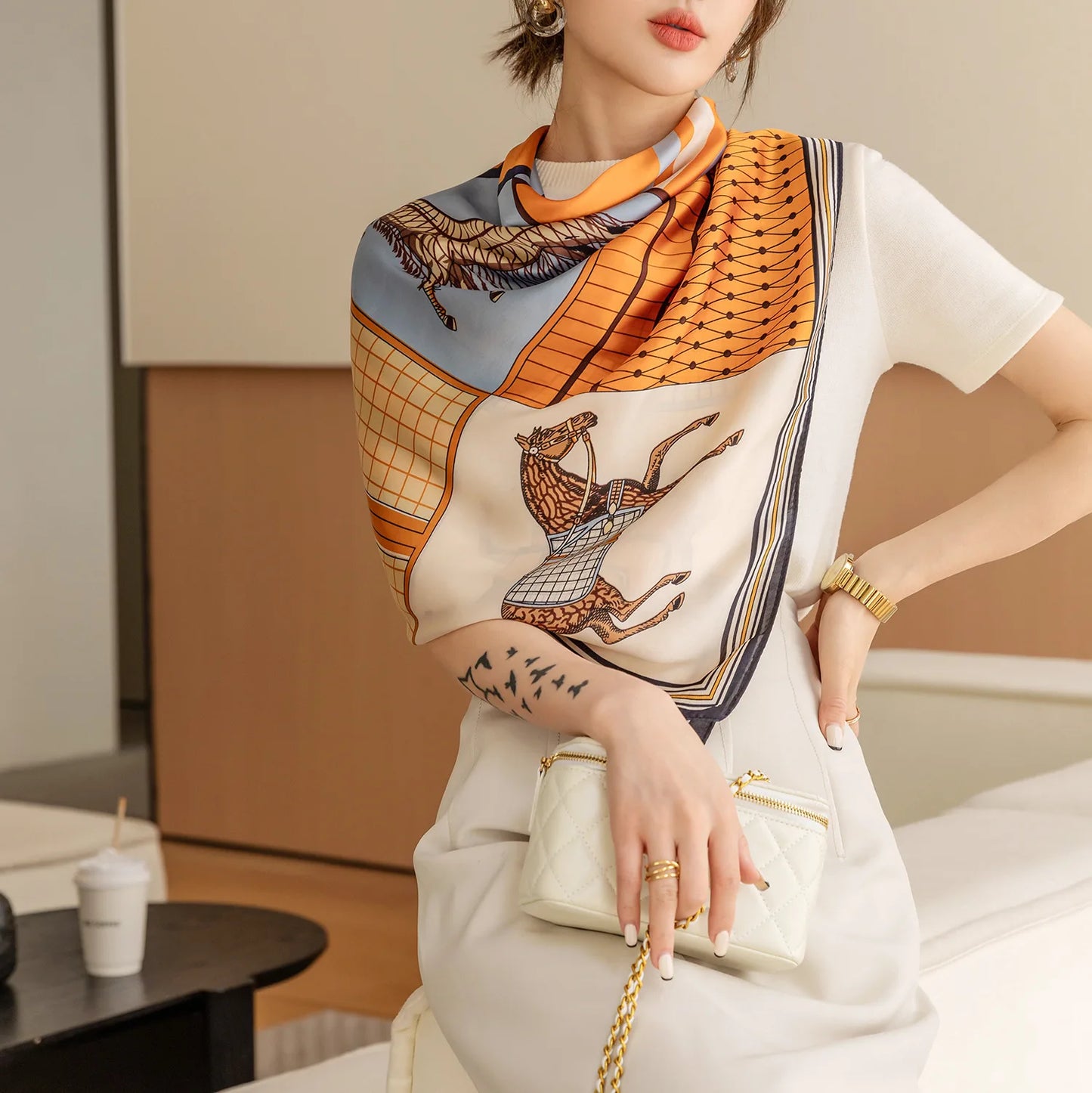 HYKMAIYW Luxury Horse Print Square Scarf Imitation Silk Shawl