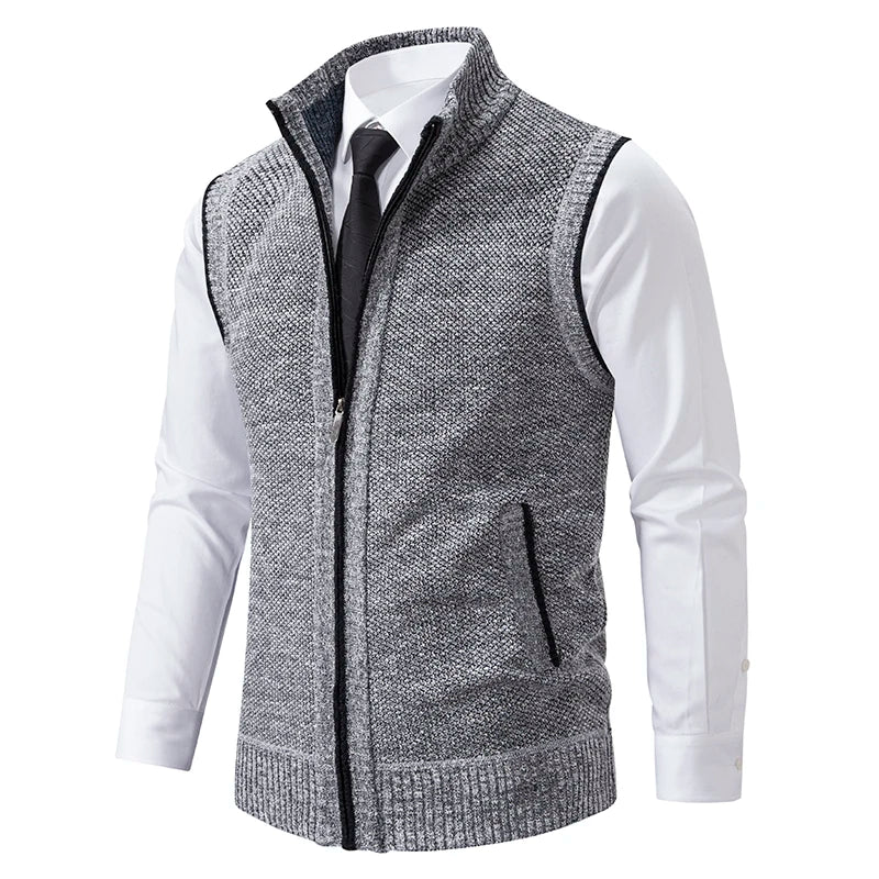 Men's Knit Zipper Vest Mandarin Collar Sleeveless Casual