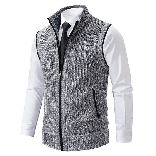 Men's Knit Zipper Vest Mandarin Collar Sleeveless Casual