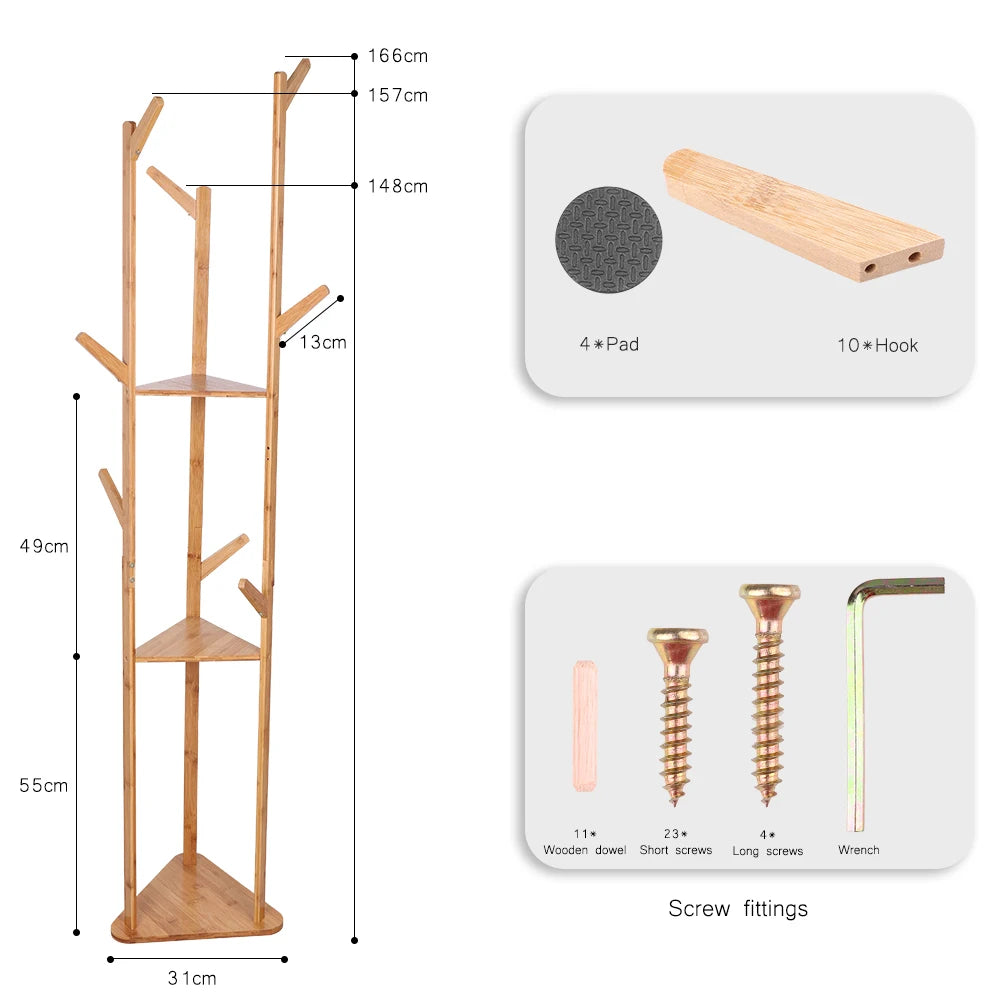 Bamboo Branch Coat Hat Rack Floor Stand With 10 Hooks