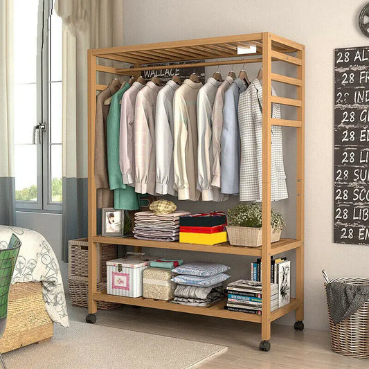 Heavy Duty Wooden Clothes Rack With Side Hooks Wardrobe