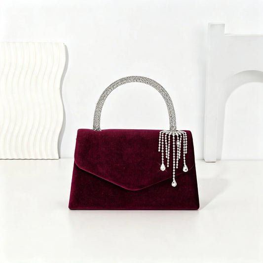 Women Velvet Envelope Clutch Featuring Rhinestone Chain Accent