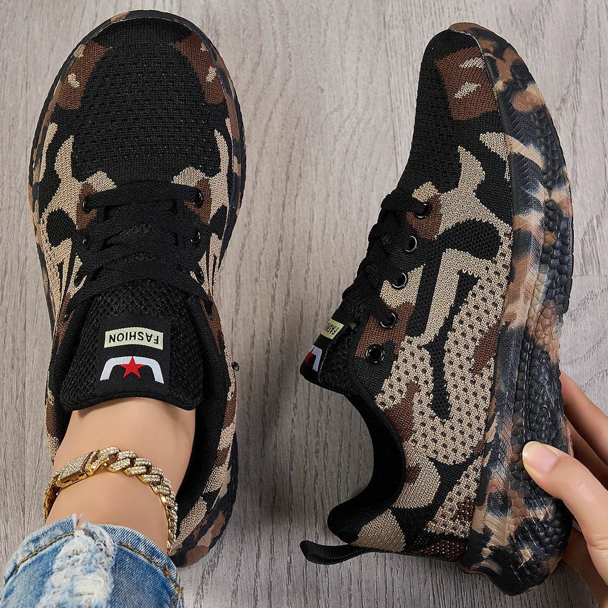 Women Camo Flyknit Sneakers Breathable Mesh Lace-Up Shoes