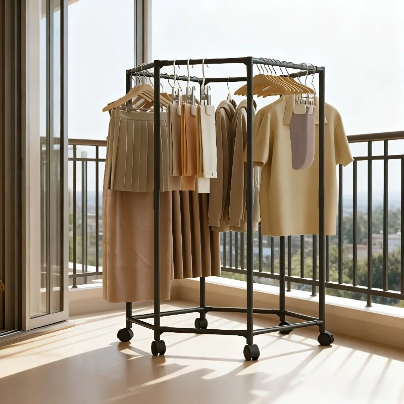 Hexagon Rotating Floor Clothes Rack Movable Indoor Garment Organizer