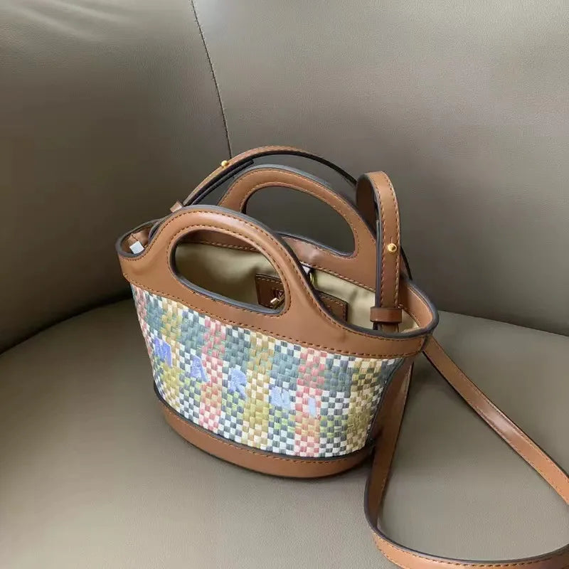 Denim Leather Tote Bag with Embroidery and Detachable Strap