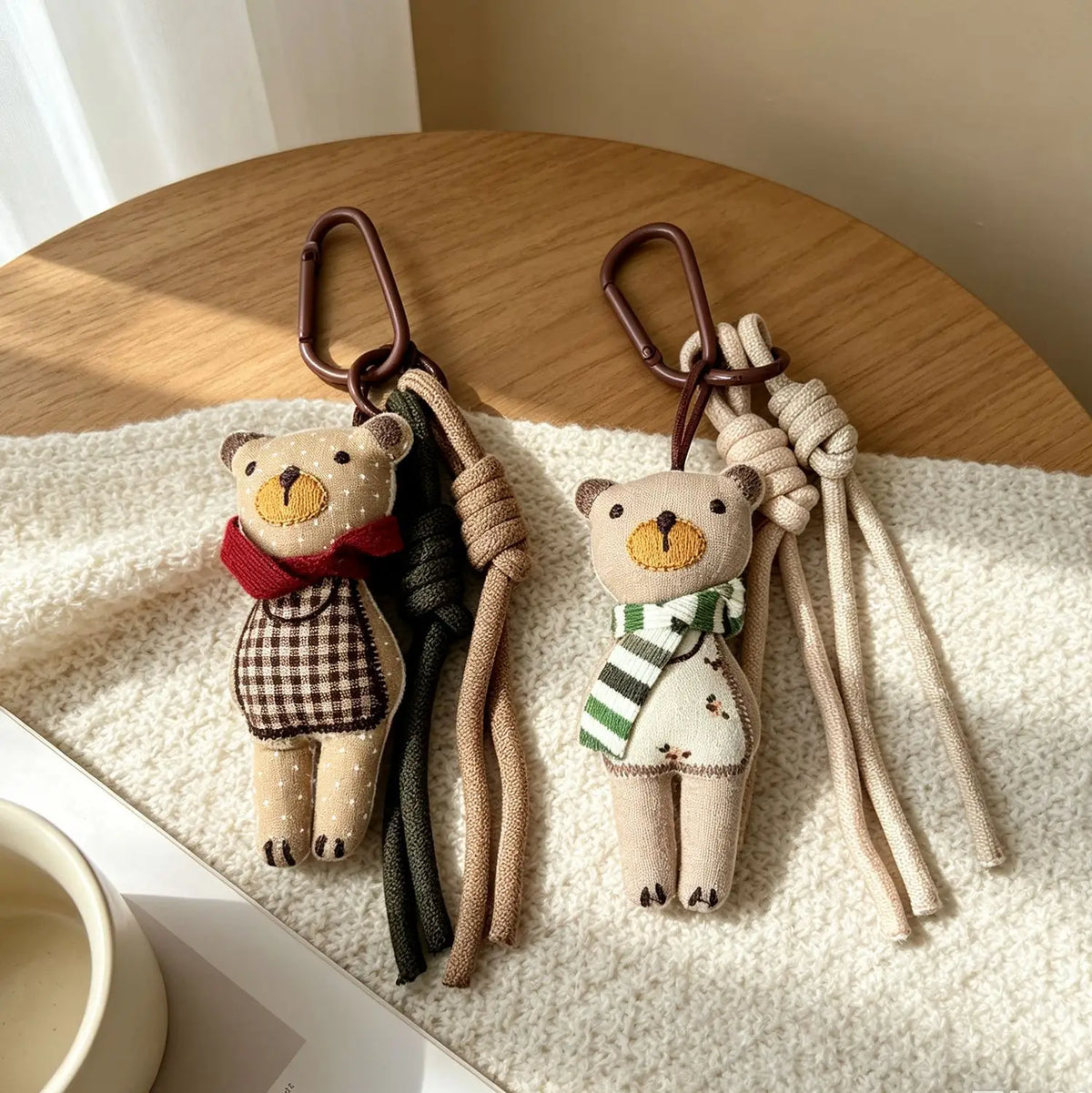 Adorable Teddy Bear Fabric Bag Charm With Scarf Braided Clip