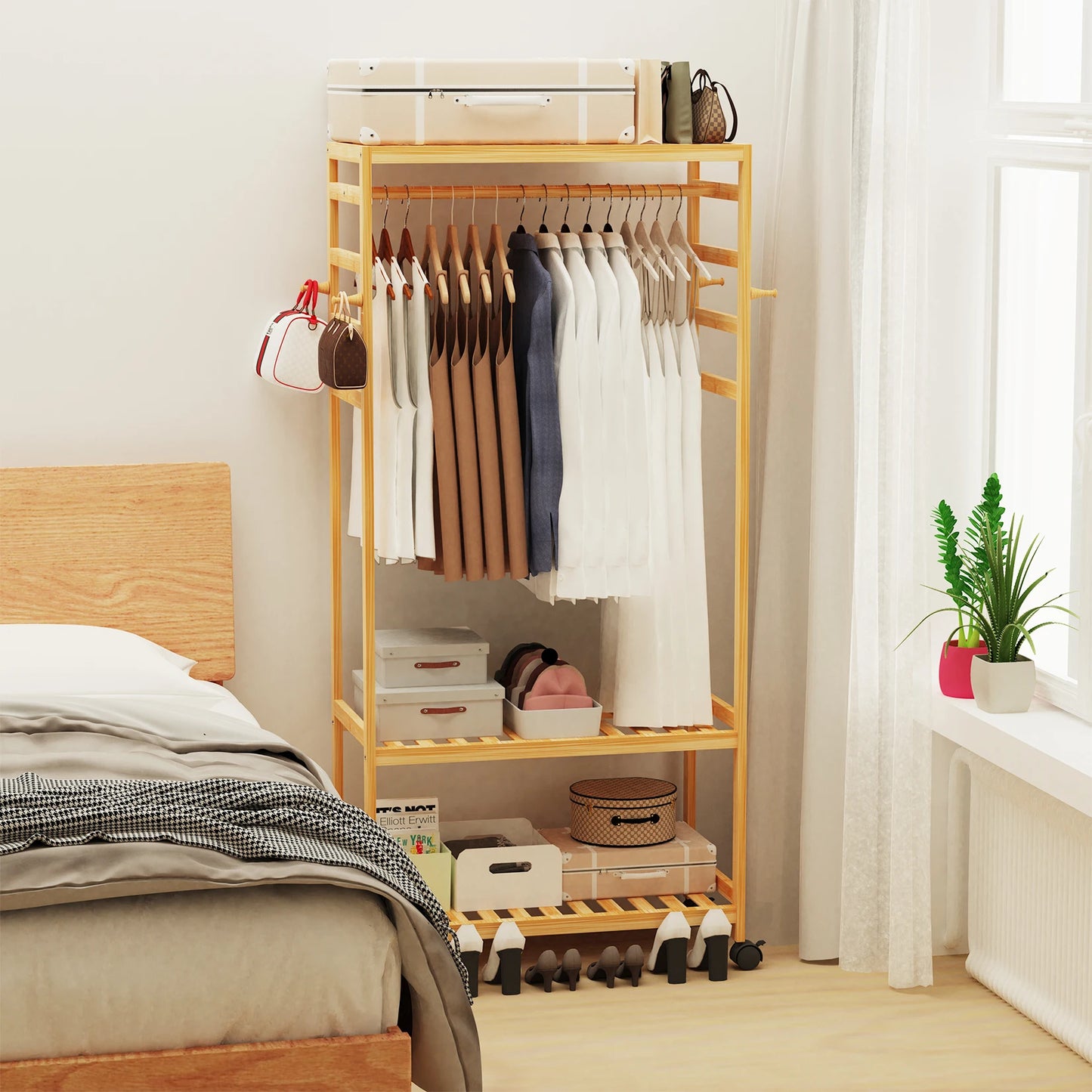 Heavy Duty Wooden Clothes Rack With Side Hooks Wardrobe