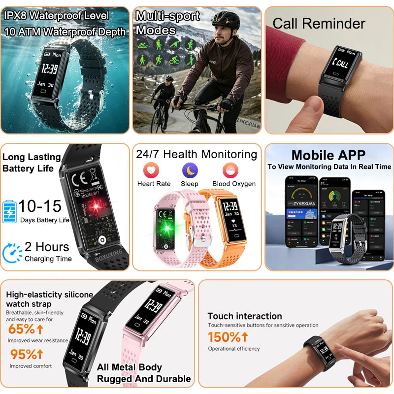 Fitness Tracker Smart Bracelet IPX8 Waterproof Touch Screen Health Monitor