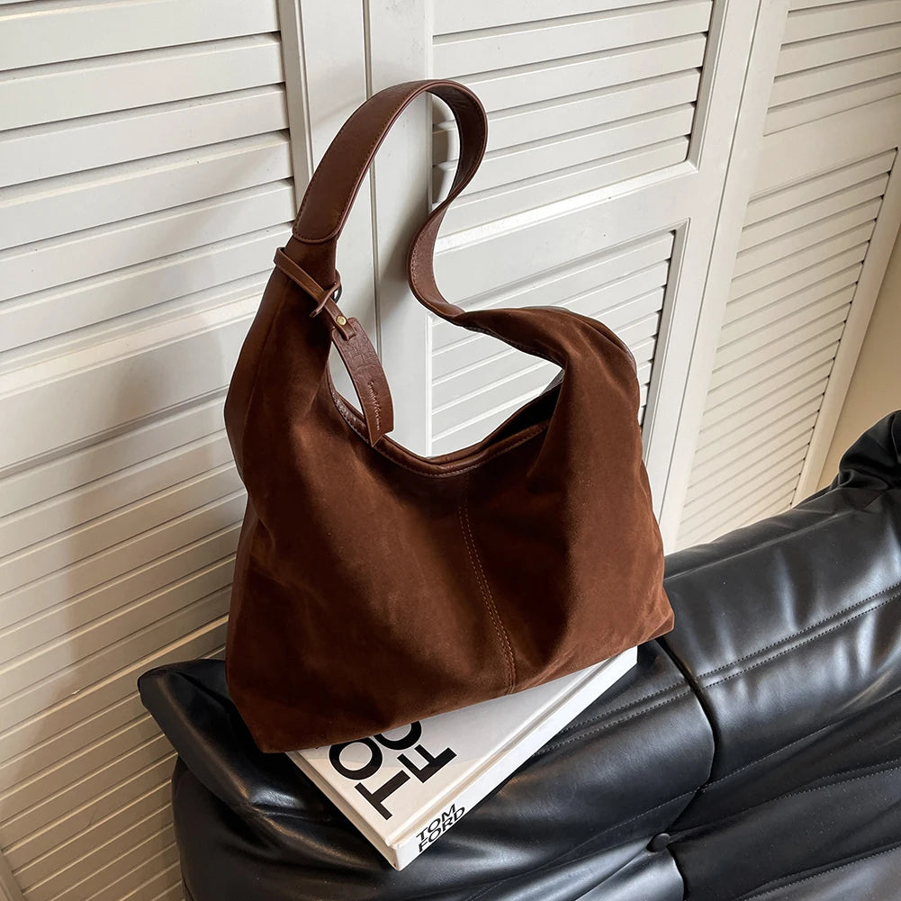 Women Suede Tote Bag Magnetic Closure Shoulder Handbag PU
