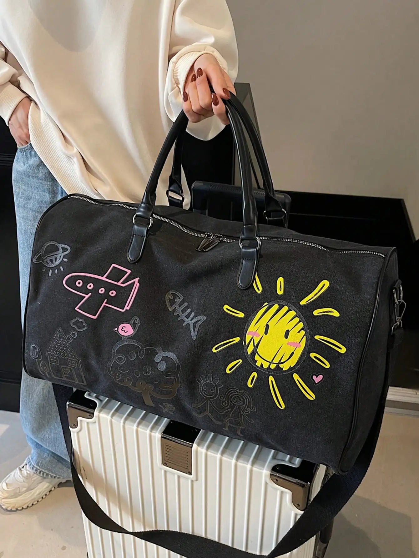 Cartoon Graffiti Travel Backpack With Zipper Shoulder Crossbody