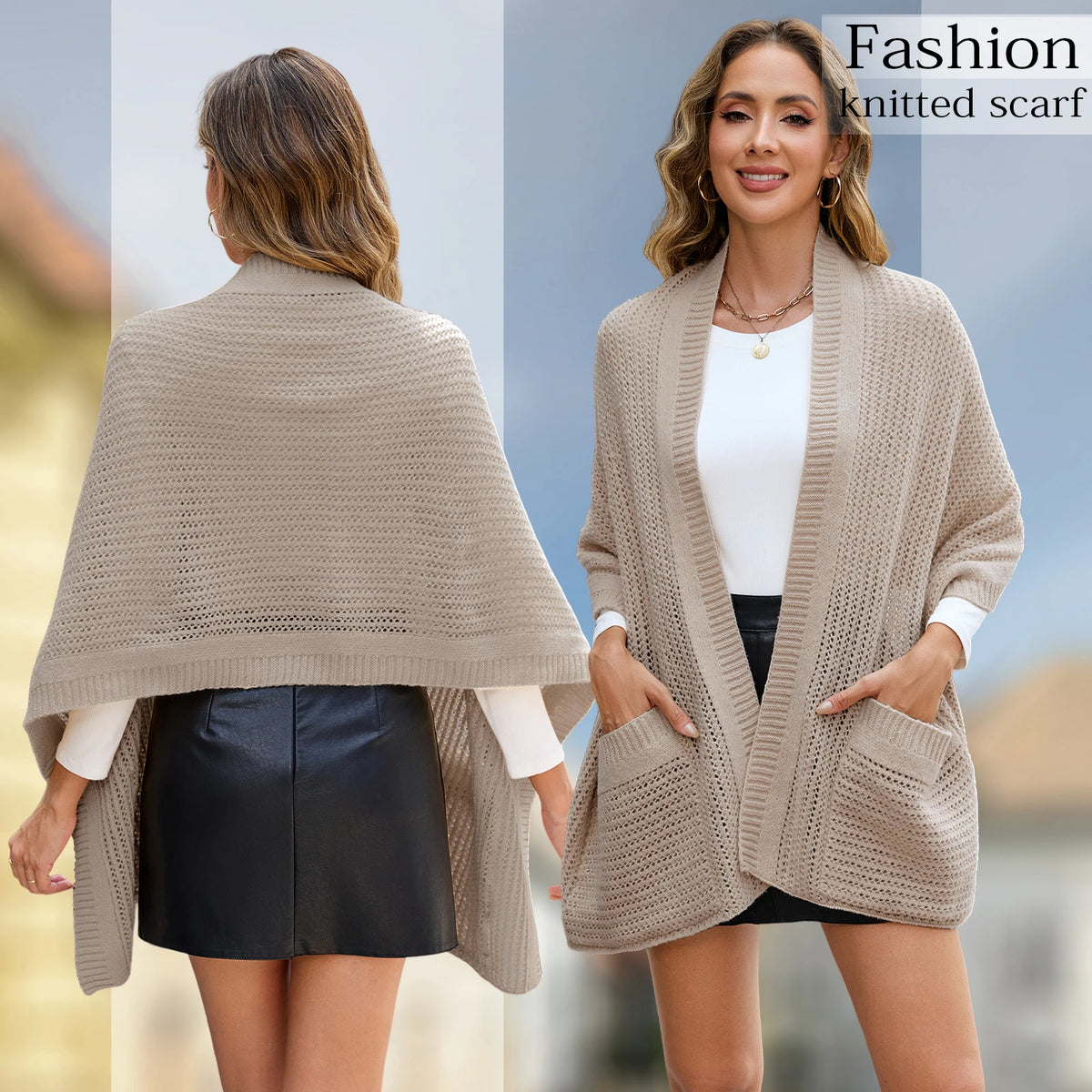 Multifunction Knitted Scarf Shawl With Pocket Neck Warmer Wrap