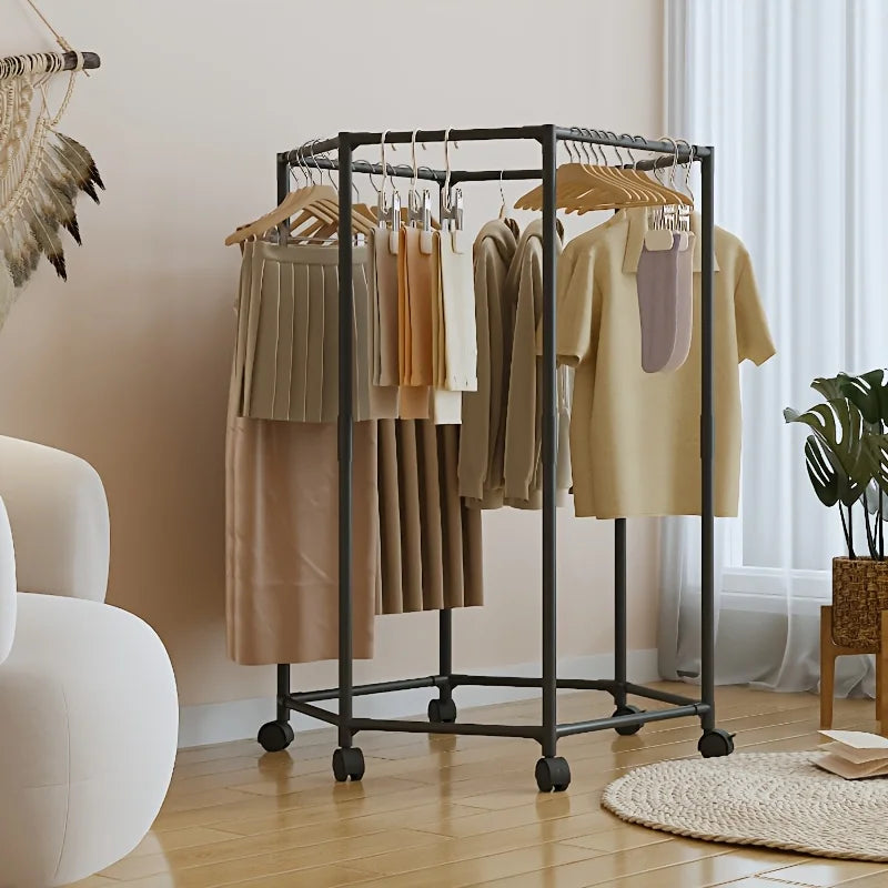 Hexagon Rotating Floor Clothes Rack Movable Indoor Garment Organizer