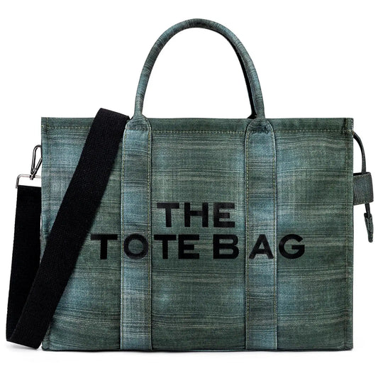 Denim Canvas Tote Bag For Women With Inner Pockets And Zipper