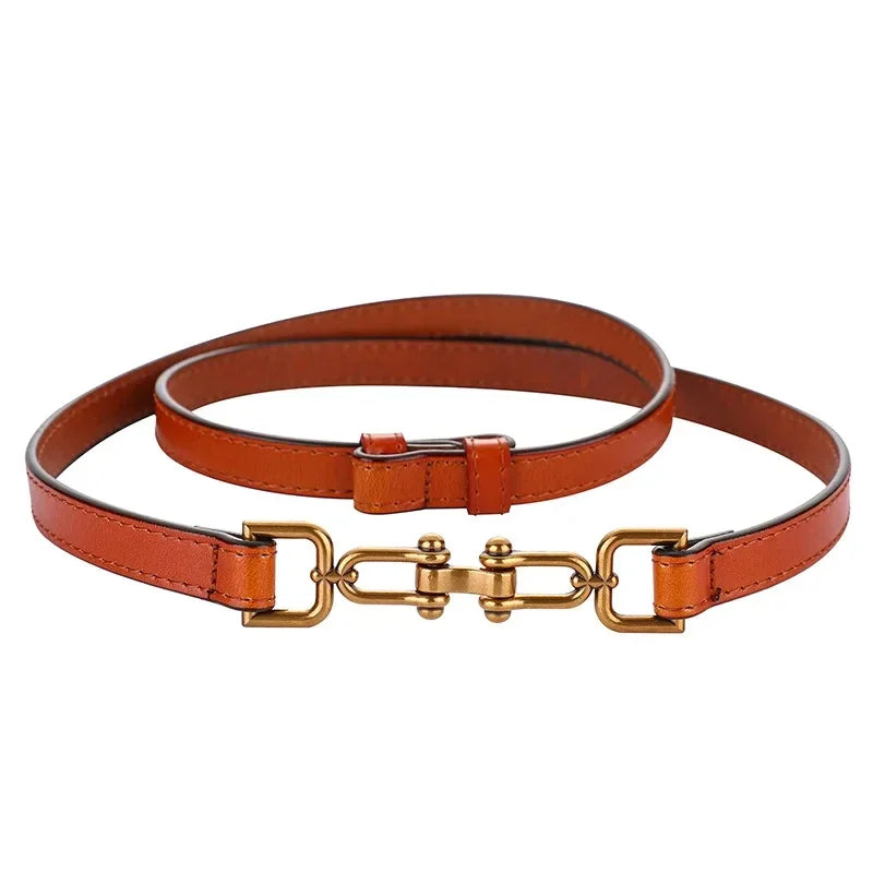 Womens Adjustable Thin Leather Belt With Decorative Buckle