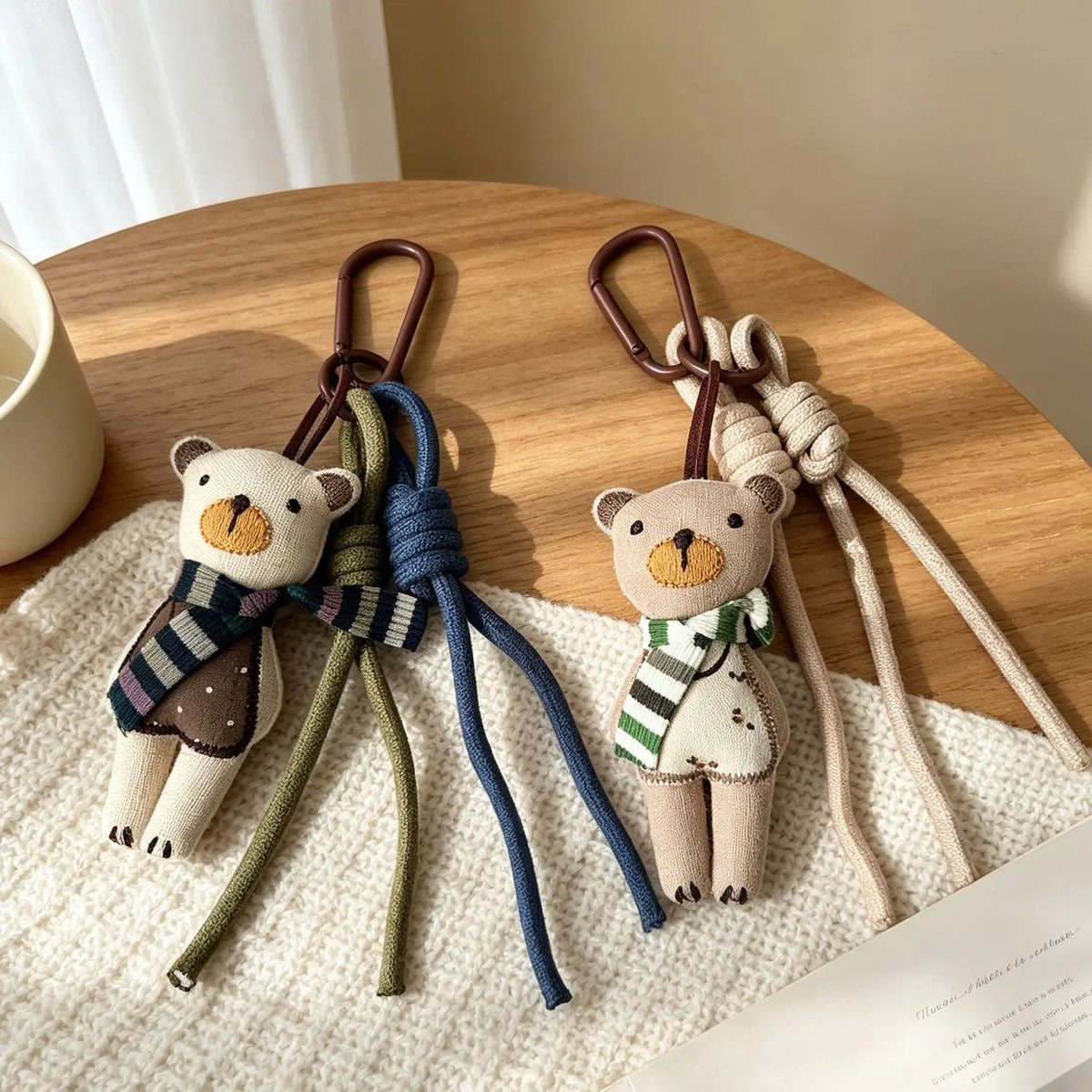 Adorable Teddy Bear Fabric Bag Charm With Scarf Braided Clip