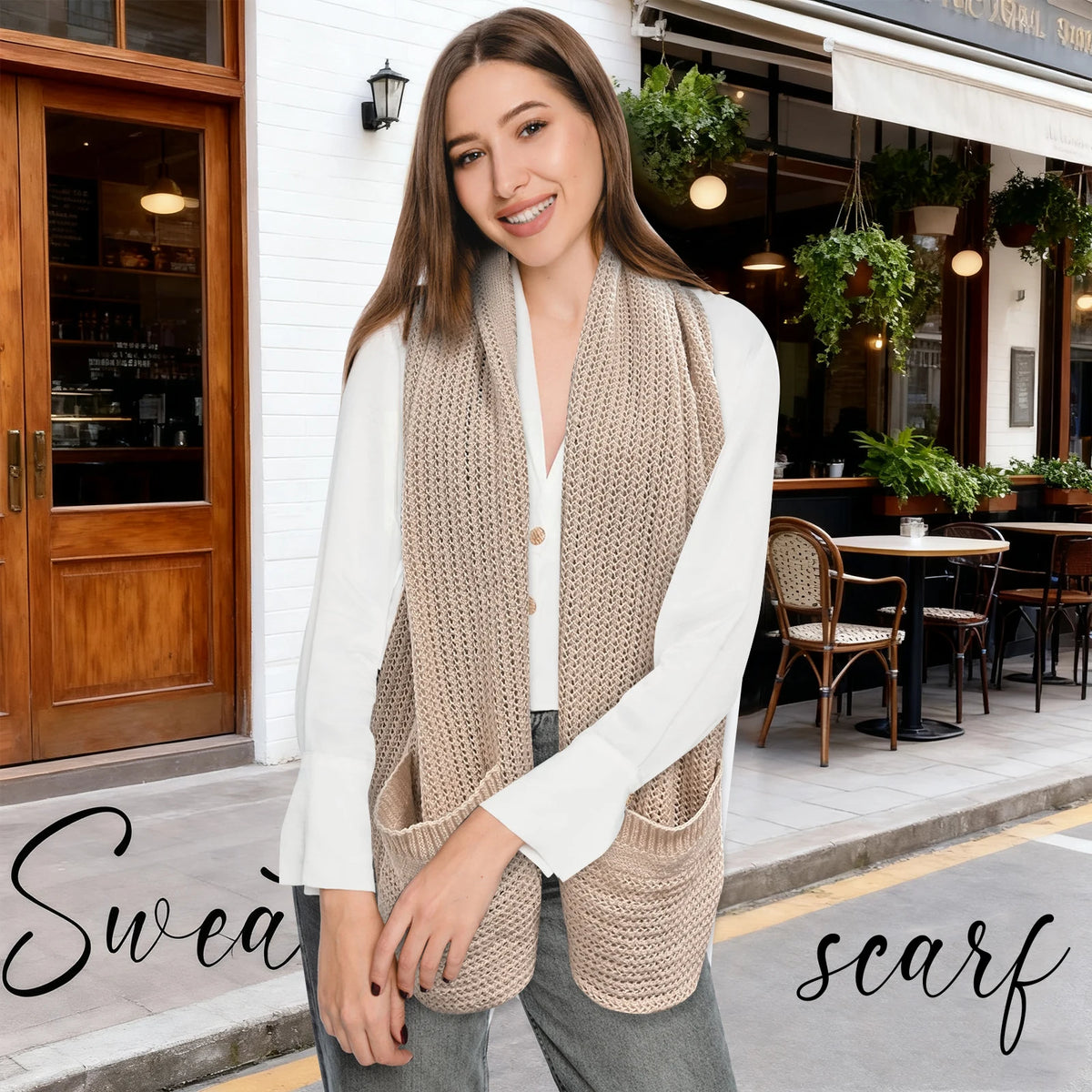 Multifunction Knitted Scarf Shawl With Pocket Neck Warmer Wrap