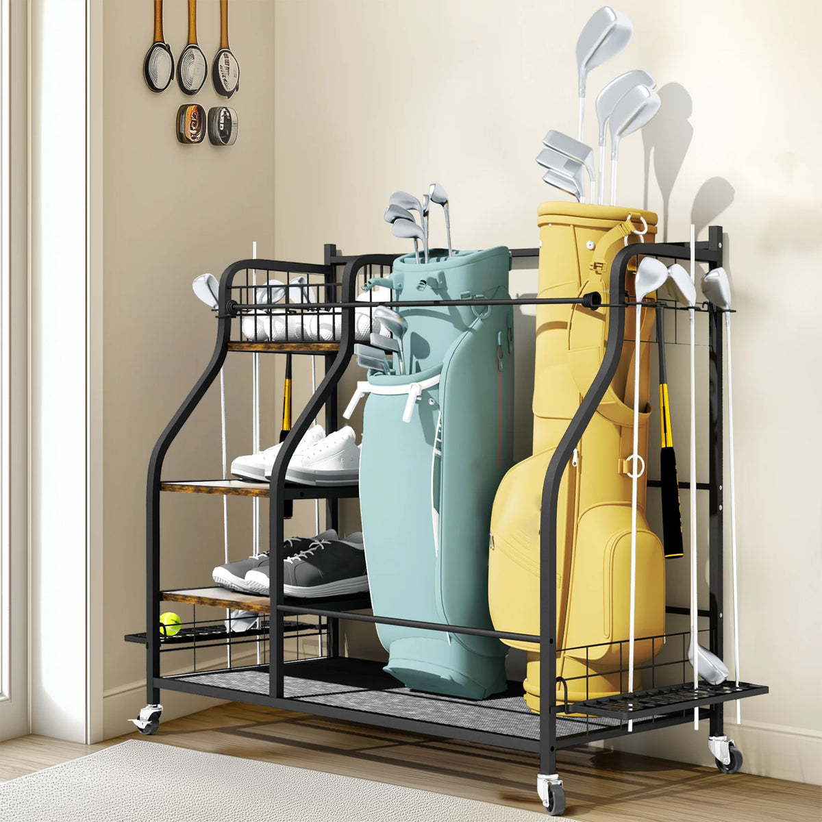Rolling Golf Bag Storage Rack With Wheels And Equipment Shelves