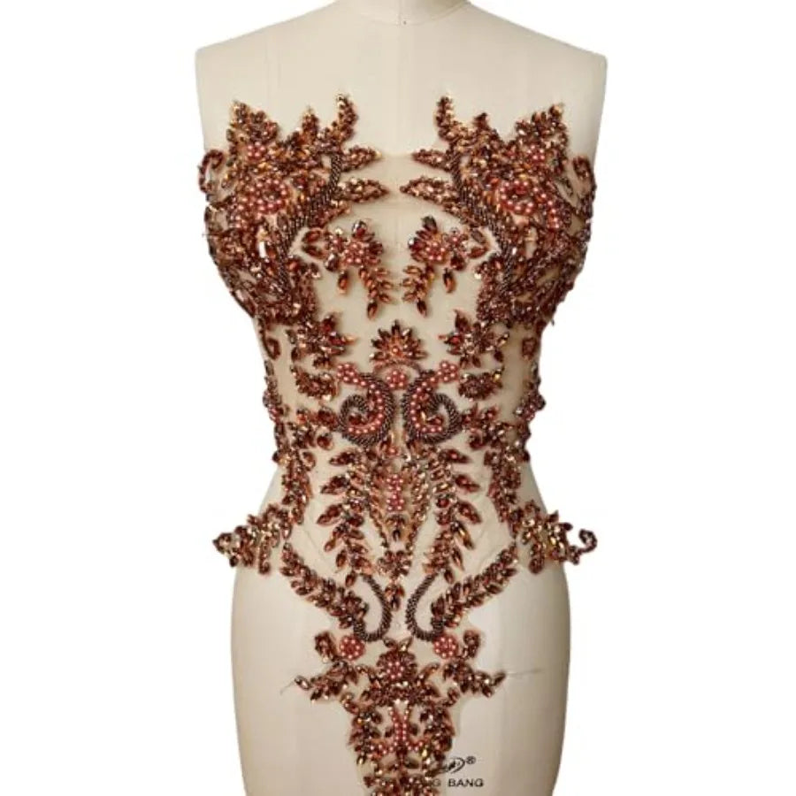 Handmade Bodice Rhinestones Applique Crystal Trim Glass Beads Lace Patches