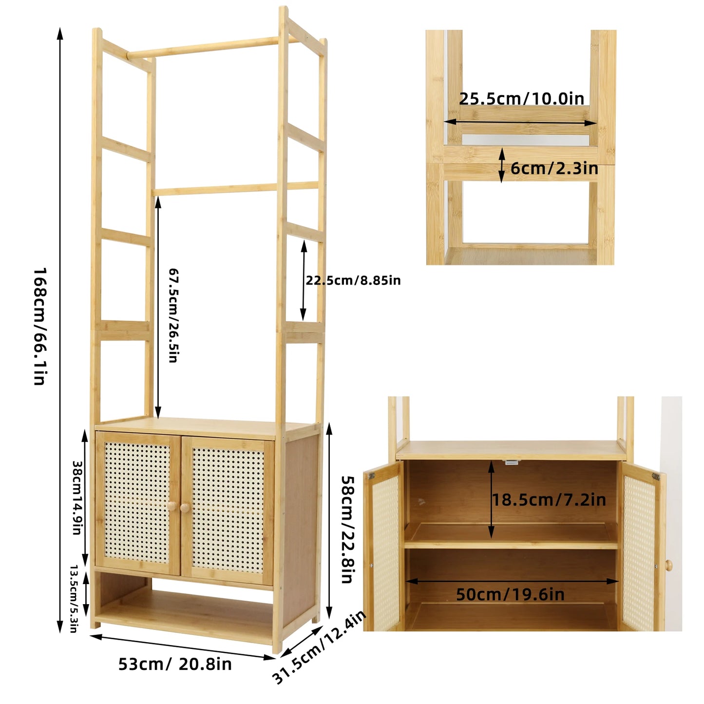 Bamboo Garment Rack With Hanging Rod And Shoe Shelves