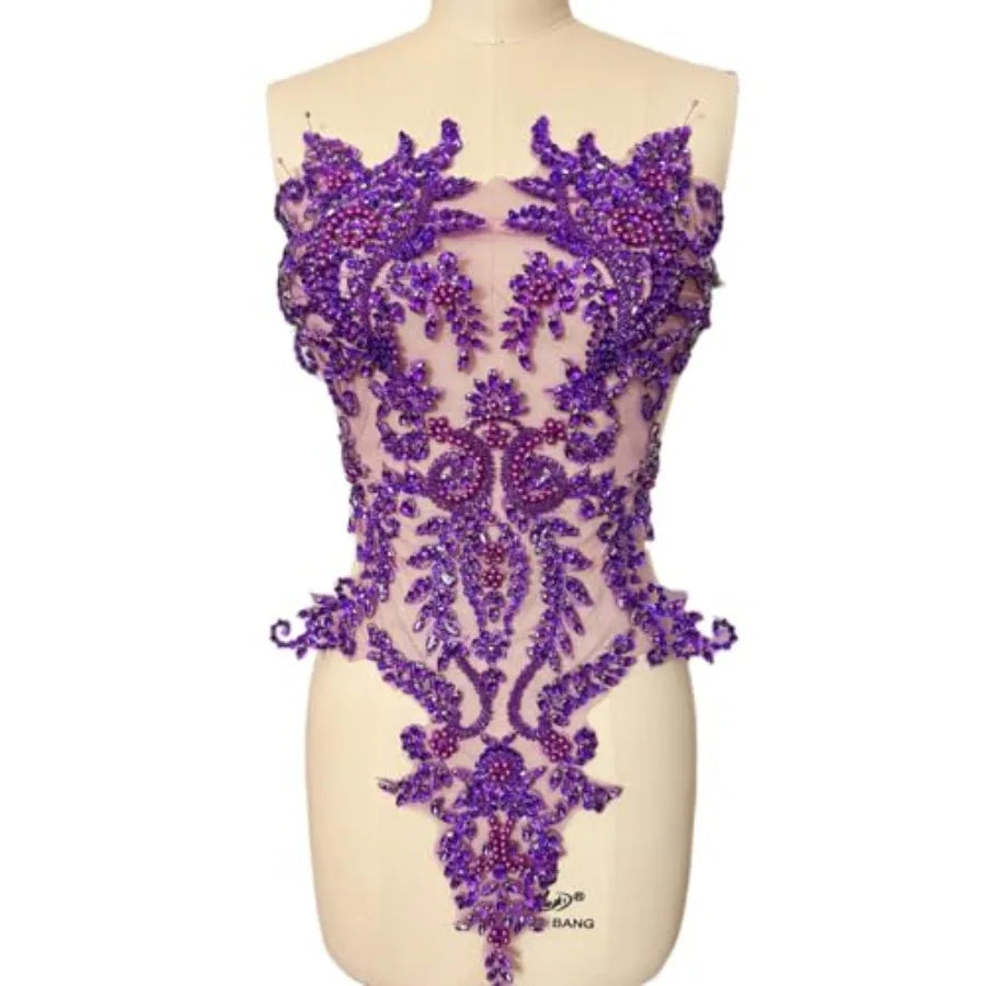 Handmade Bodice Rhinestones Applique Crystal Trim Glass Beads Lace Patches