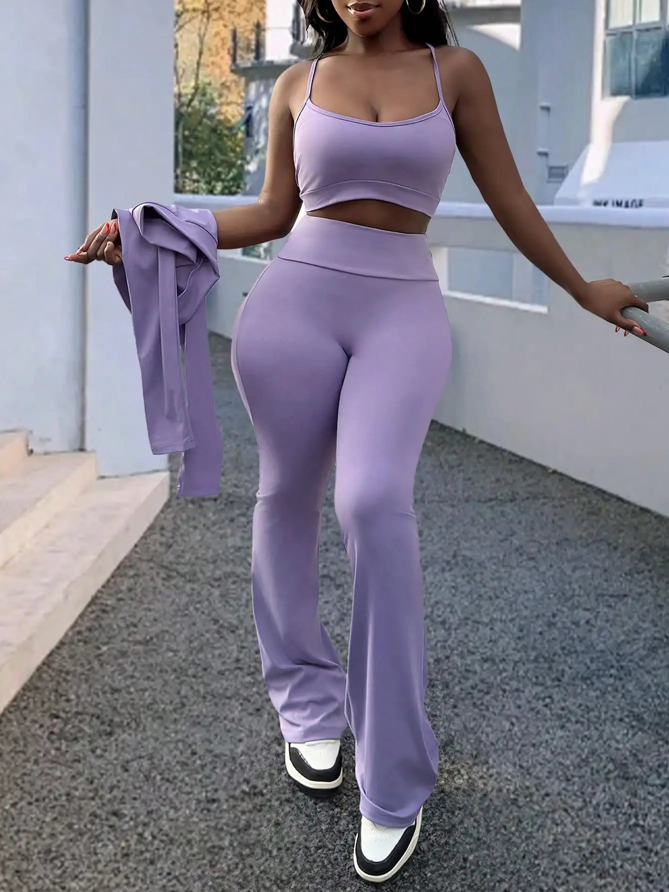 Sporty Women Three Piece Summer Set Top And Flared Pants