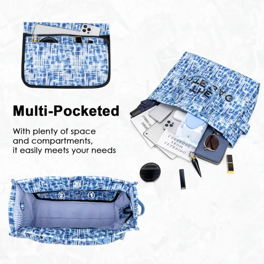 Denim Canvas Tote Bag For Women With Inner Pockets And Zipper