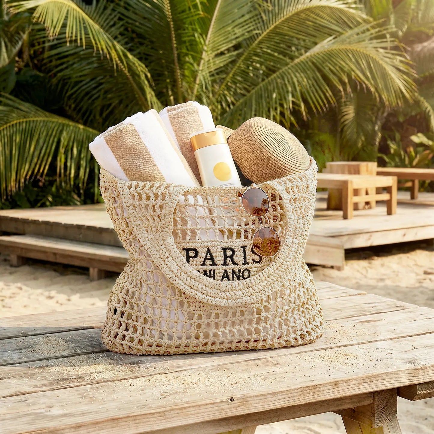Hatisan Straw Beach Tote Bag For Women Handmade Woven Bag