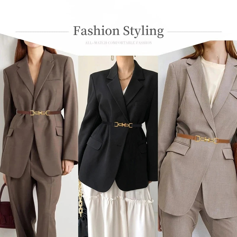 Womens Adjustable Thin Leather Belt With Decorative Buckle