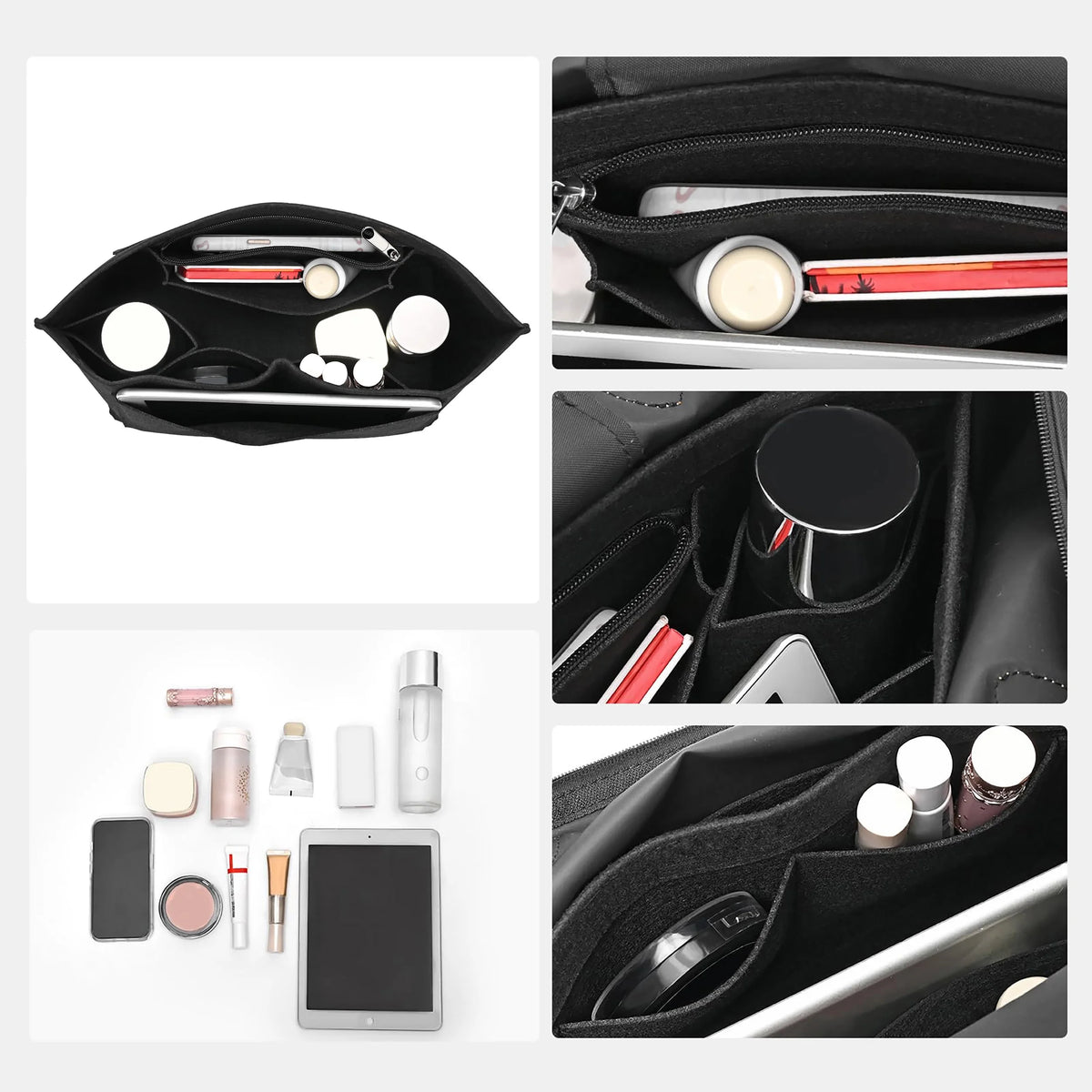 Premium Felt Handbag Organizer Insert With Zippered Storage Compartments