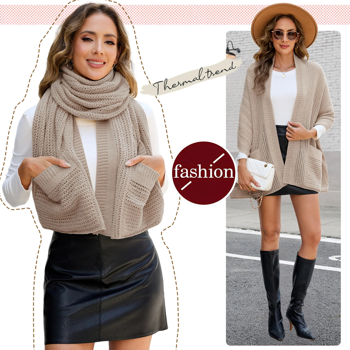 Multifunction Knitted Scarf Shawl With Pocket Neck Warmer Wrap