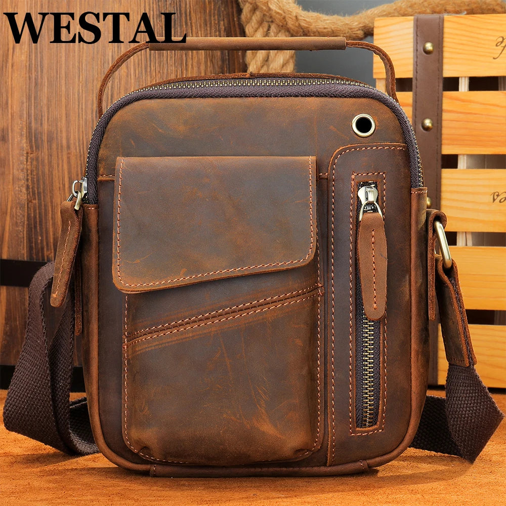 Westal Crazy Horse Leather Crossbody Bag for Men USB Charging