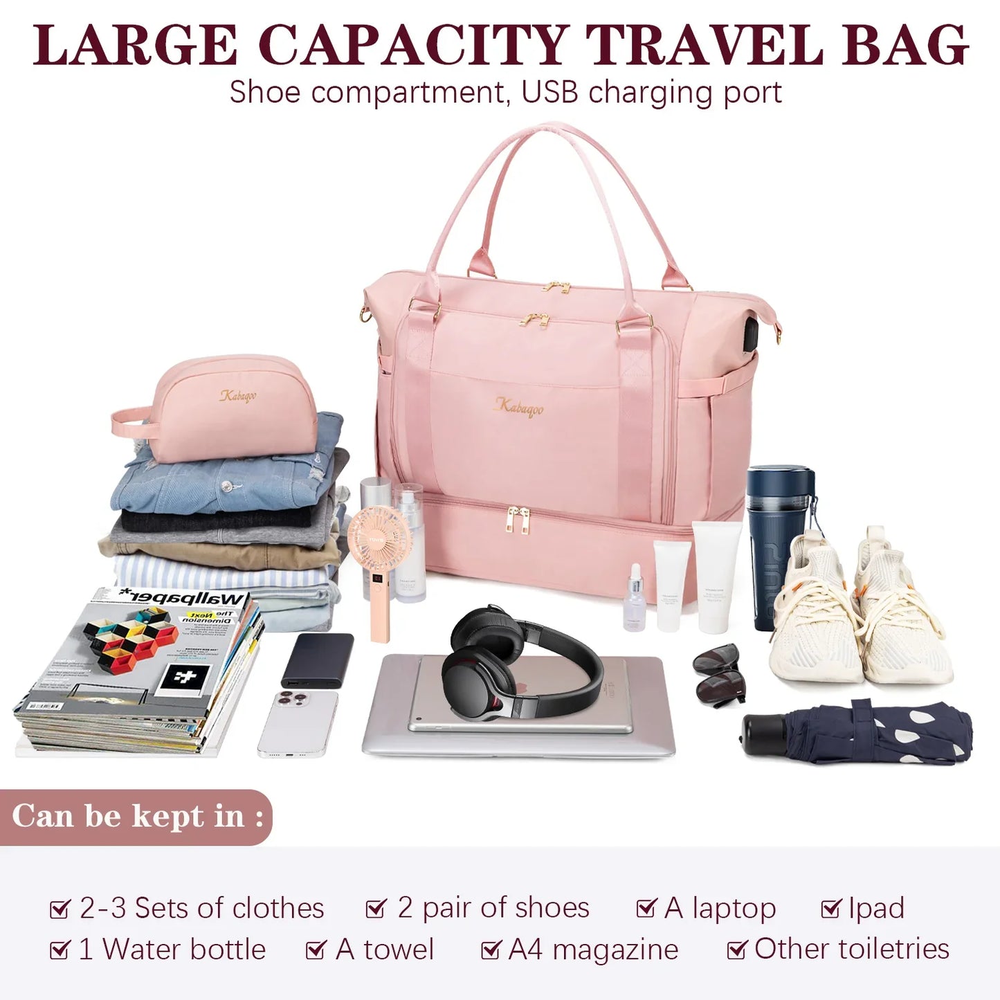 Kabaqoo Travel Duffle Bag With USB Port And Shoe Compartment